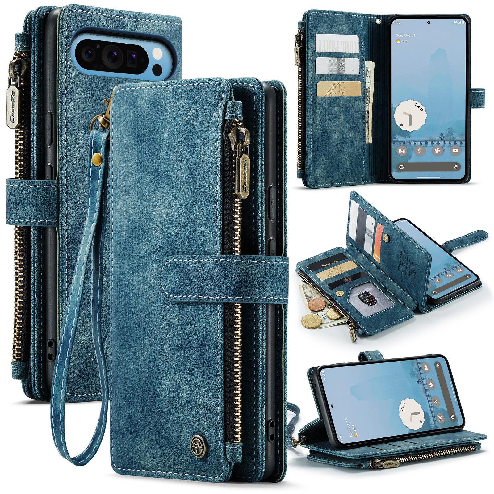 

For Google Pixel 10 Pro XL Phone Cases with Strap CASEME C30 Zipper Multiple Card Holder PU Leather Cover Blue
