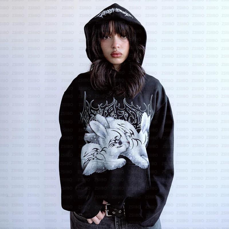 American Cartoon Rabbit Print Gothic Hoodie Trendy Streetwear Pullover Sweatshirt Women
