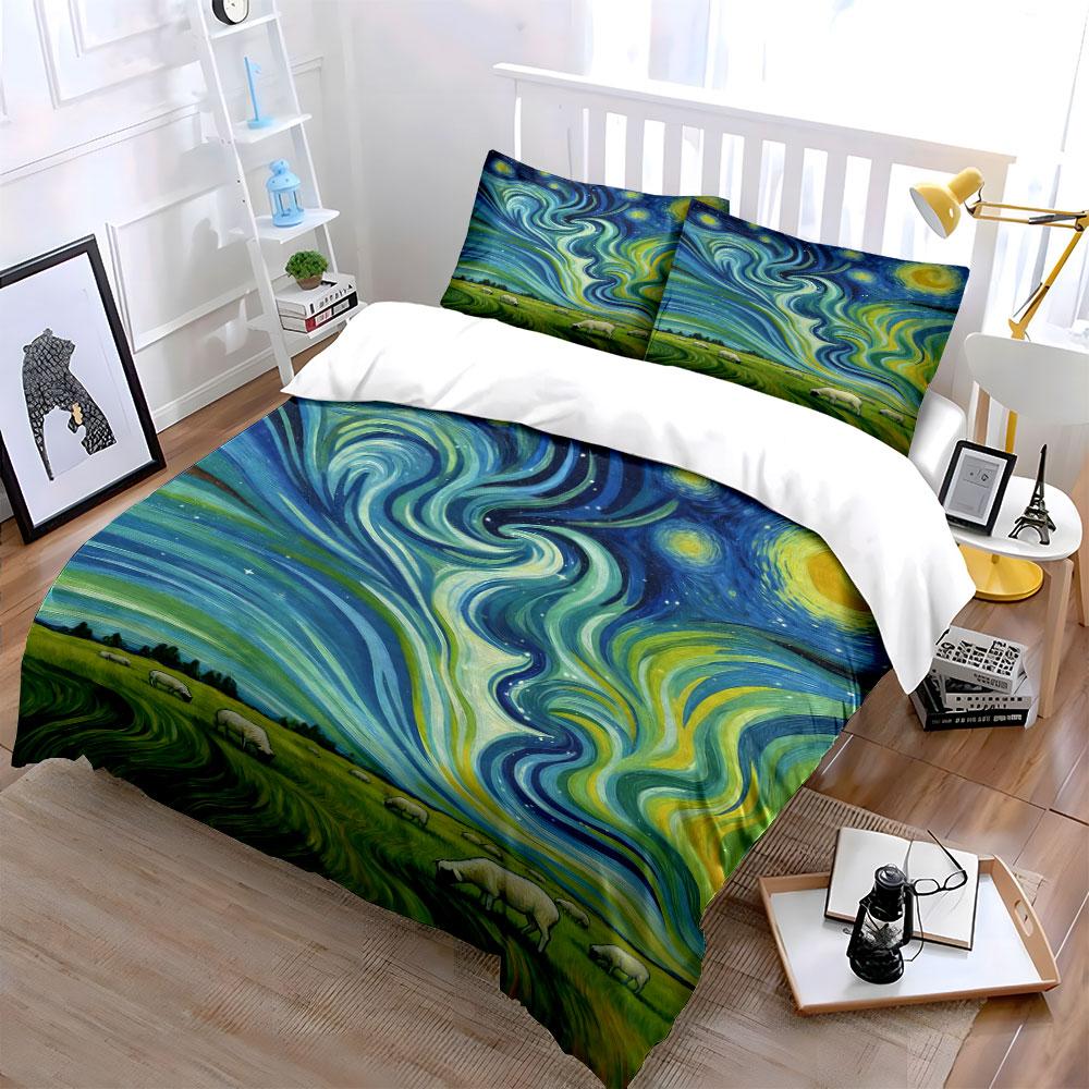 Swirling Sky, Grazing Sheep. Bedding Sets Duvet Cover Sets Duvet Covers Pillowcases(1 * Duvet Cover 2 * Pillowcases, Without Duvet Insert)