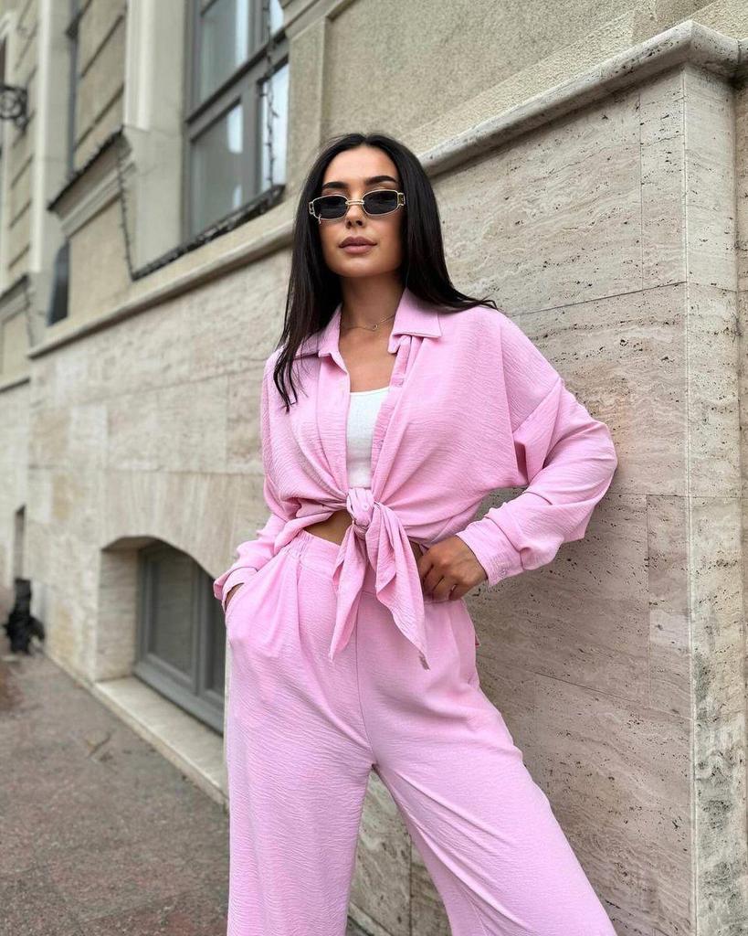 2024 European & American Style Autumn Solid Color Lapel Long Sleeve Shirt & Casual Pants Two-Piece Set