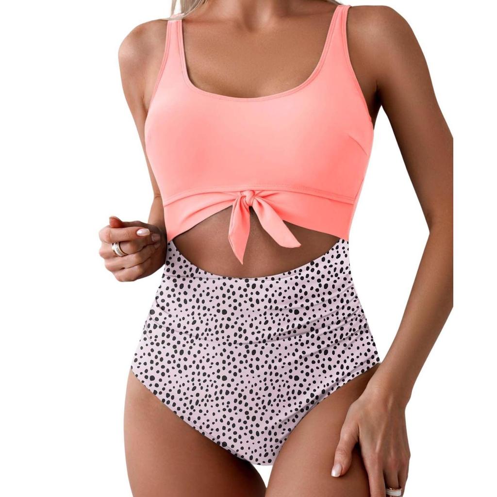 Women's One-Piece Swimsuit With Cross Straps To Cover The Belly, Conservative Solid Color Patchwork Swimsuit