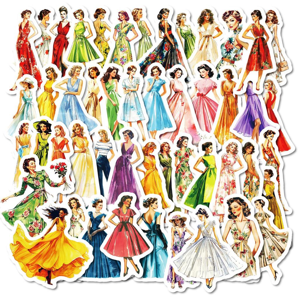 50 Beautiful Soft Hepburn Style Stickers Lady Dress Decoration Travel Box Water Cup IPad European and American Graffiti Stickers