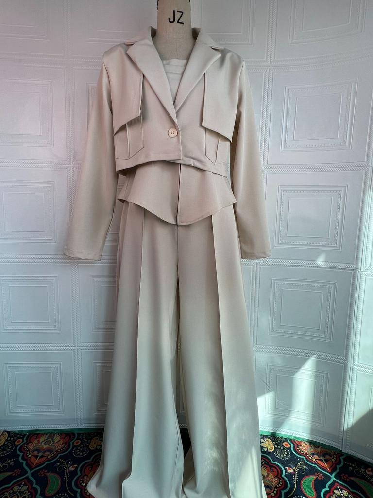 Women 3 Piece Outfit Cropped Blazer Cami Top High Waist Wide Leg Pants Suit Office Business Matching Set