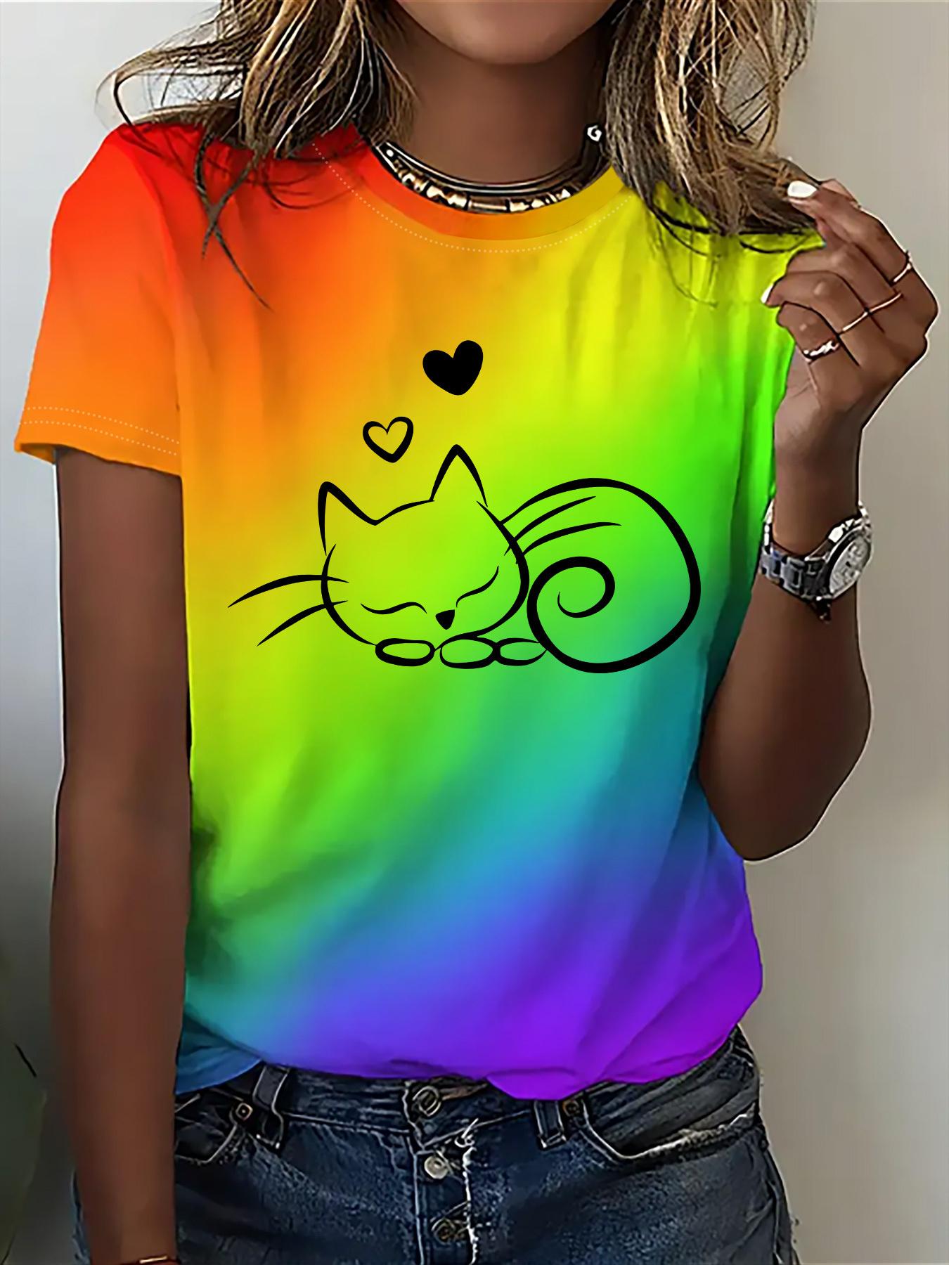 

Printed Design-Not Textured Women s Casual Short Sleeve Crew Neck T-Shirt - Rainbow Gradient Pattern of a Sleeping Cat with Heart Design. Soft and Bre 3XL дубильна кора