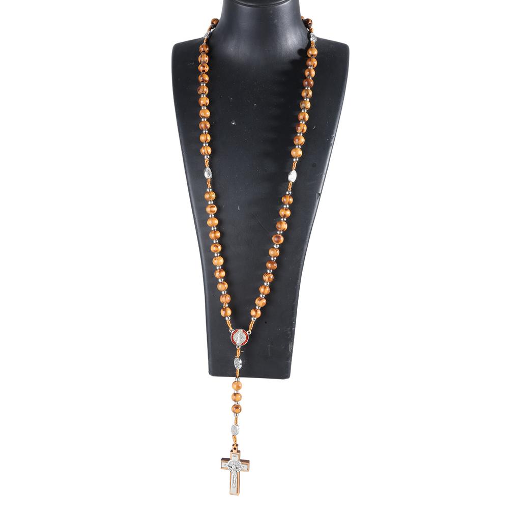 Religion Rosary Prayer Necklace for Men Women Wooden Beads Jesus Cross Pendant Religious Jewelry First Communion Gift