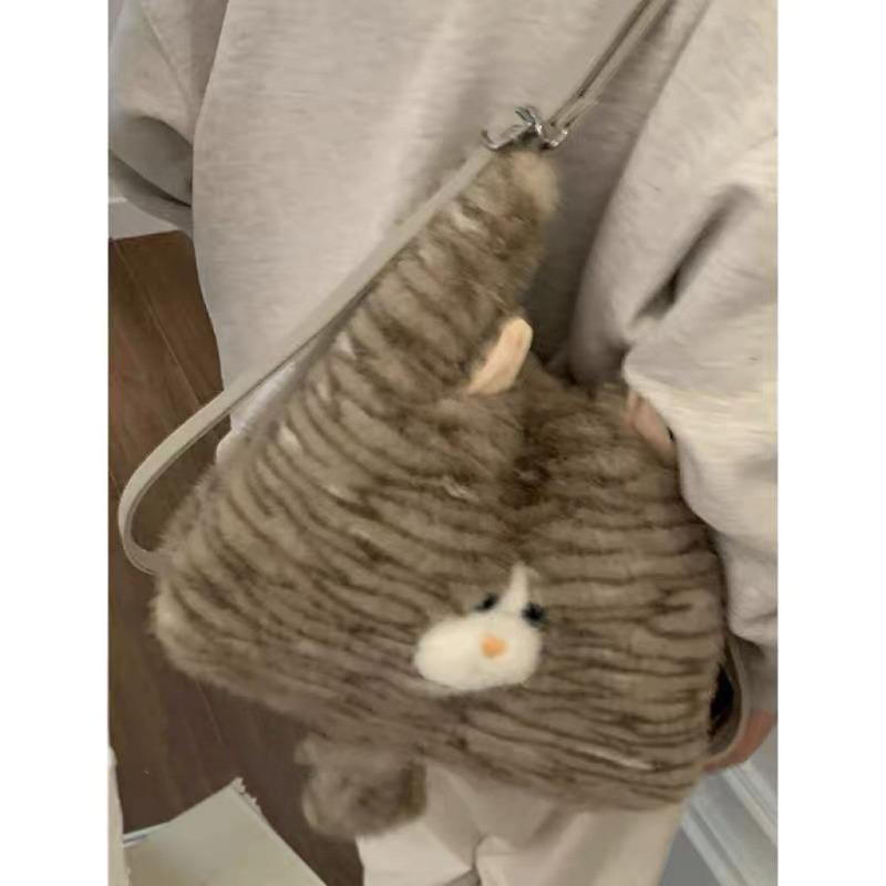 

Cute cute kitten backpack large capacity plush commuter shoulder bag travel tote bag one pack and multiple backs сірий колір