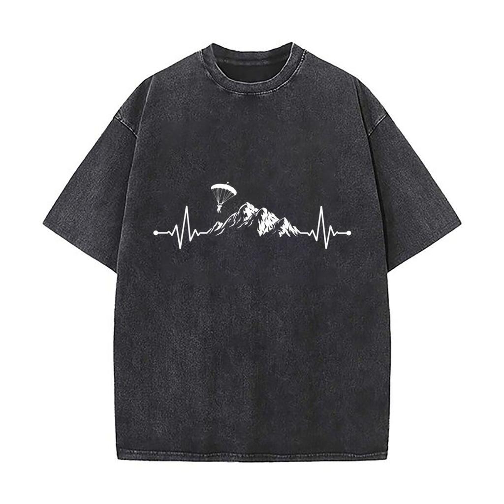 Paraglider Mountain Heartbeat Pulse Parachute Skydiver Distressed Faded Baggy Streetwear Tops for Park Hangouts