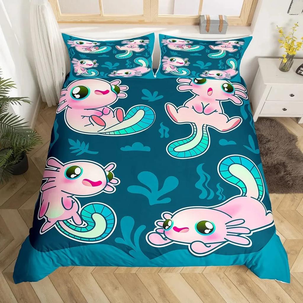 Cartoon Axolotl Duvet Cover Set King/Queen Size Kids Girls Boys Cute Rainbow Sea Wildlife Animal Reptile Polyester Bedding Set