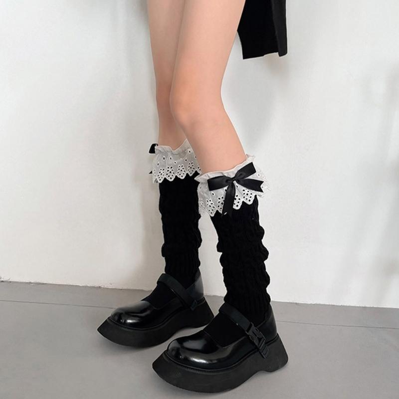 Winter Autumn Twist Cable Knitted Leg Warmers Cute Bowknot Ruffled Lace Foot Covers Middle Tube Calf Socks for Women
