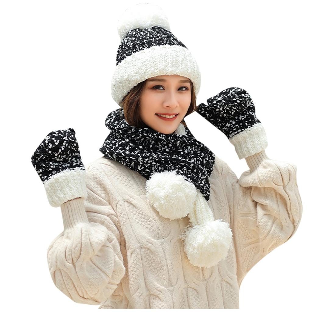 3Pcs Women Winter Warm Multicolor Knitted Hat+Scarf+Gloves Set