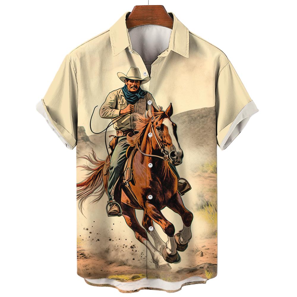 Western Denim Shirt For Men 3d Printed Oversized Hawaiian Sweatshirt Casual Short Sleeved V-Neck Men'S Clothing Street Daily Top