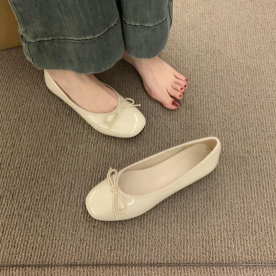 Bow Fairy Shallow Mouth Single Shoes Female Spring and Autumn New French Retro Gentle Niche Evening Breeze Flat-soled Beanie Shoes