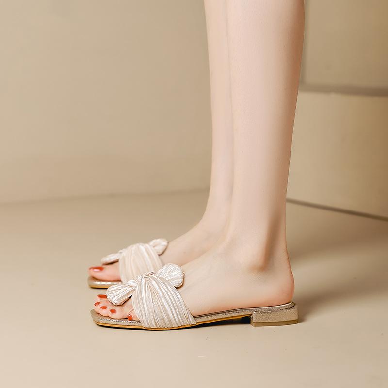 

Fashion 2025 designer silk bowknot slippers women low heel summer beach slides stripe lace bow flip flops luxury gold pantuflas mujer 41 золотой