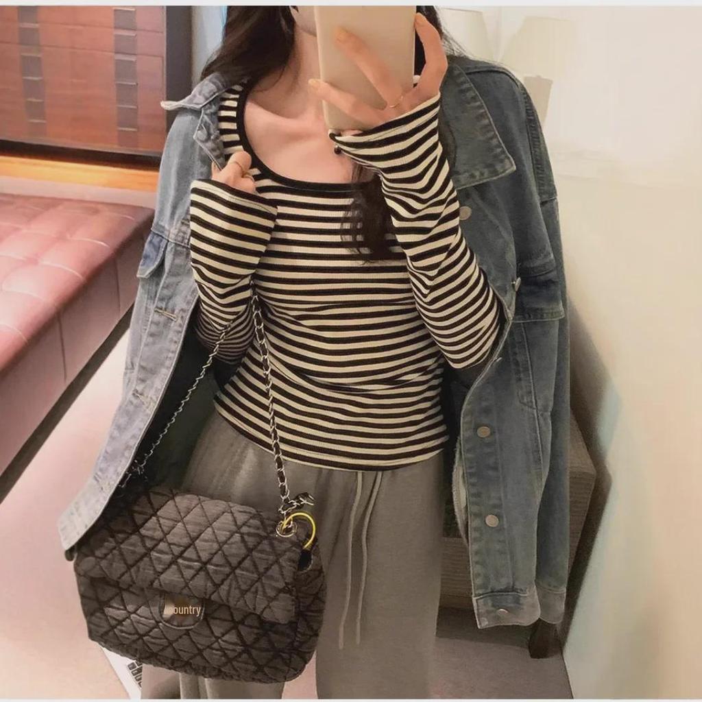 Women's Contrast Collar Striped Long-Sleeve T-Shirt - Autumn 2024 Slim Fit Design