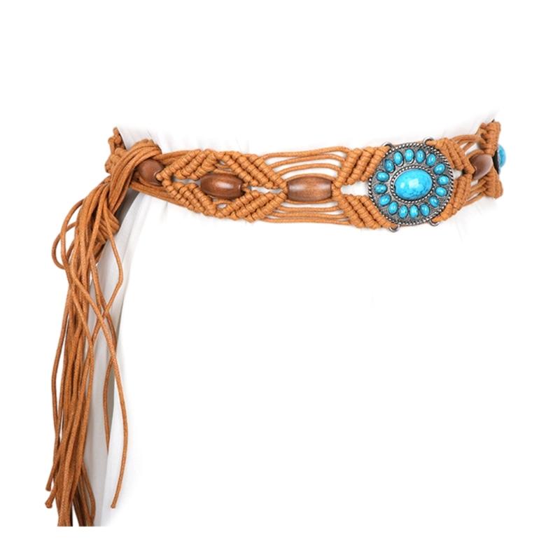 DIY Bohemian Wooden Bead Waist Rope Braided Tassels Belt Ethnic Style Belts