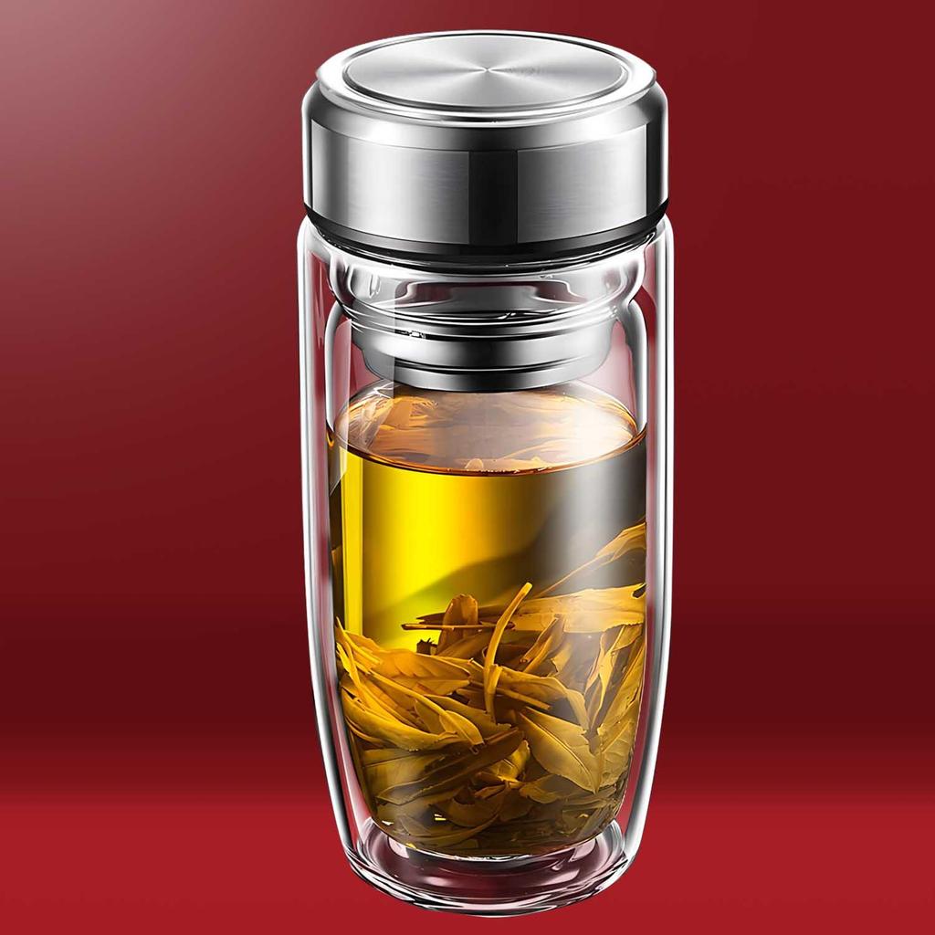 Double-Layer Glass Teacup: Men's Drop-Proof, Heat-Insulating, Large Capacity (500ml), Goose Egg Shape, Thickened for Car Use