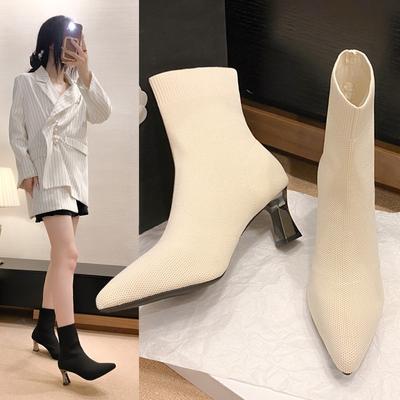 Transparent Square Heel Sock Boots Women Stripe Stretch Fabrics Kniting Pointed Toe Shoes