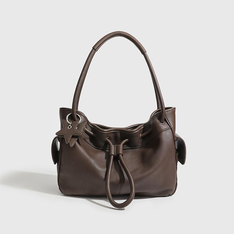 Women's Retro Drawstring Shoulder Bag Korean Style New Fashion Tote Bag Lychee-pattern Brand Handbag Large Simple Soft Cloud Bag