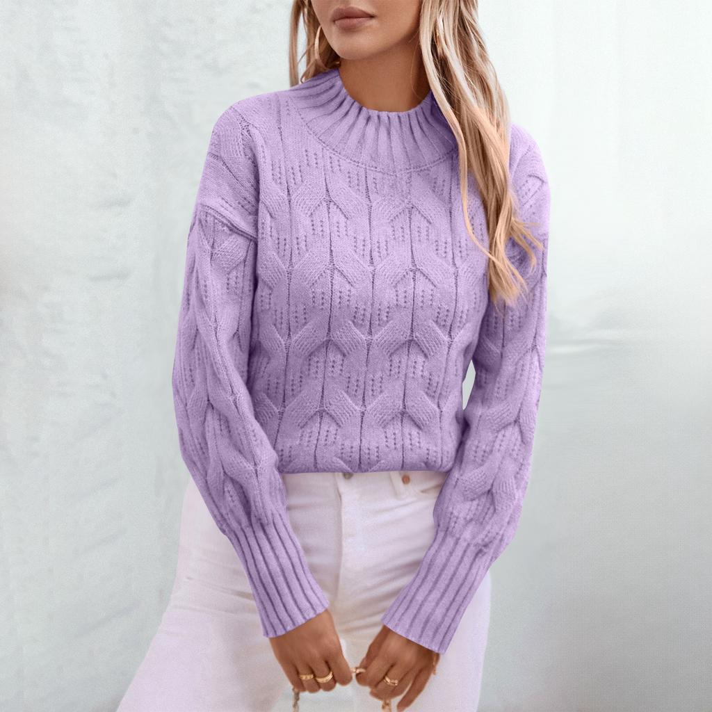 Mote for kvinner, avslappet genser med lange ermer og halv høy hals, kabelstrikk, løs passform