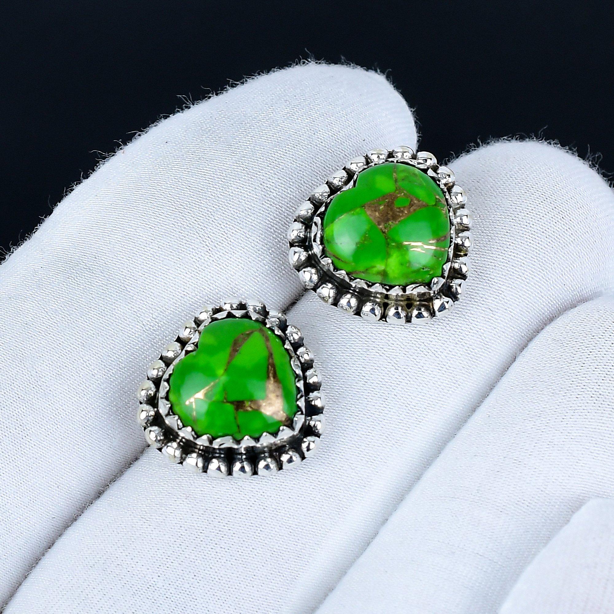 

Green Spiny Turquoise Earrings | 925 Sterling Silver Stud Earrings | Handmade Gemstone Love Studs Heart Earrings | Boho Jewelry Christmas Gift 3.5 Cm зелений