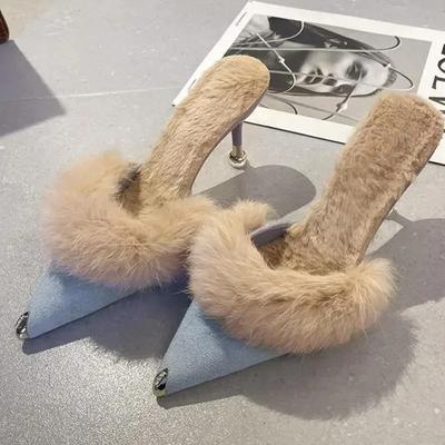Mules Pantoufles en Fourrure Bout Pointu Élégantes Talons Hauts Chaussures Automne Nouvelles Fourrure Diapositives Tongs Travail de Bureau Ytmtloy Intérieur