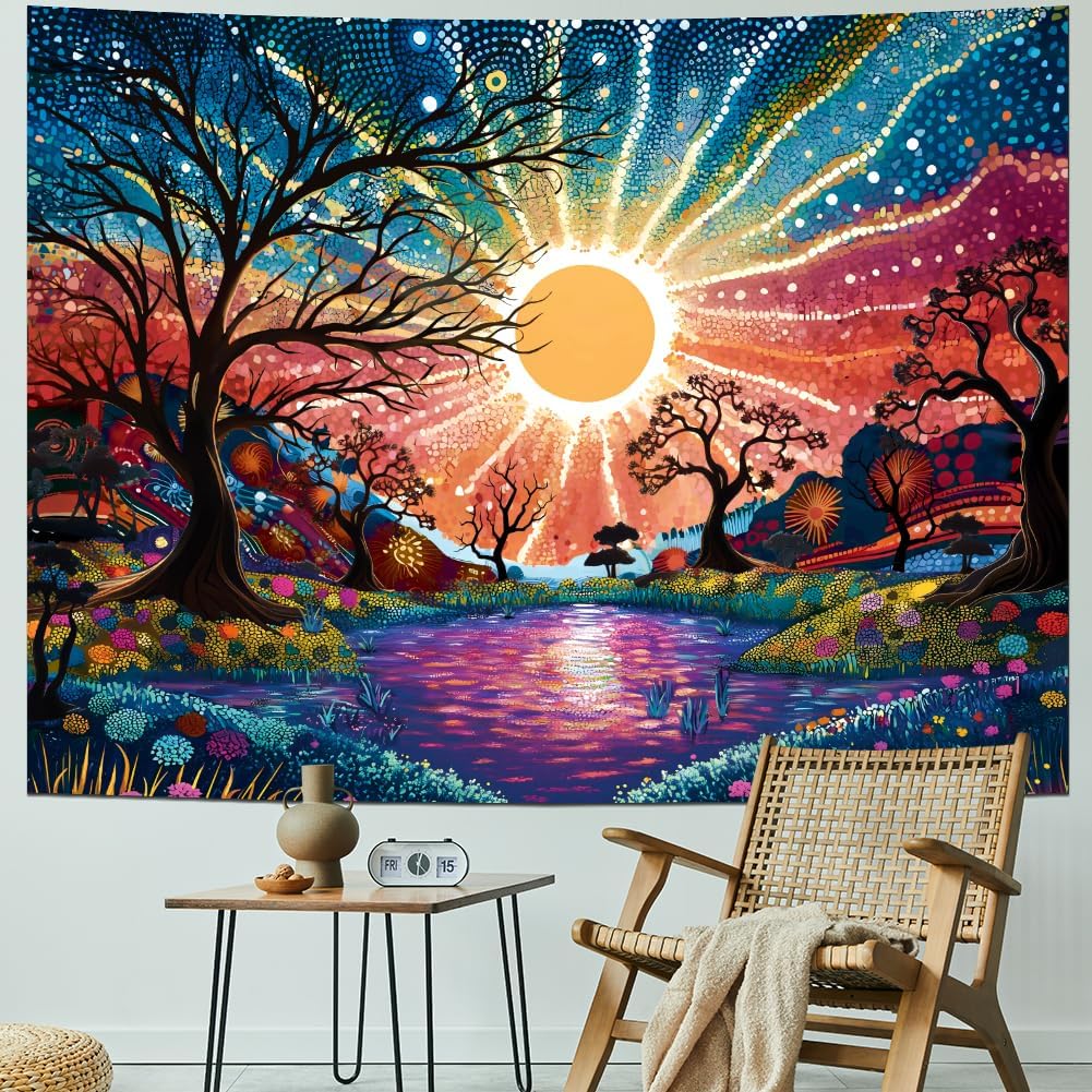 Serborlur Tree of Life Tapestry Trippy Sun Forest Tapestries Colorful Starry Sky Tapestries Hippie Nature Landscape Wall Tapestry Aesthetic Vintage