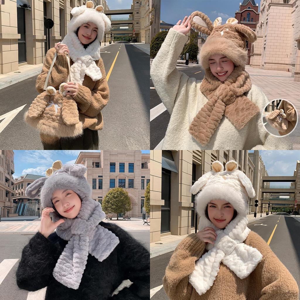 Plush Bunny Earmuff Hat With Neck Warmer For Winter Kids Outdoor Fun