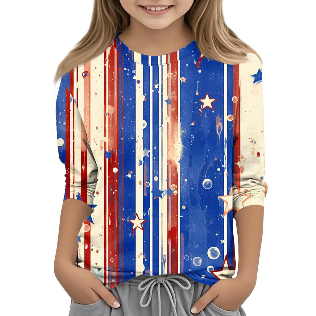 Print Tops For Youth Girls Round Neck 3/4 Sleeves T-Shirts Trendy Tops Outfit Tees Independence Day