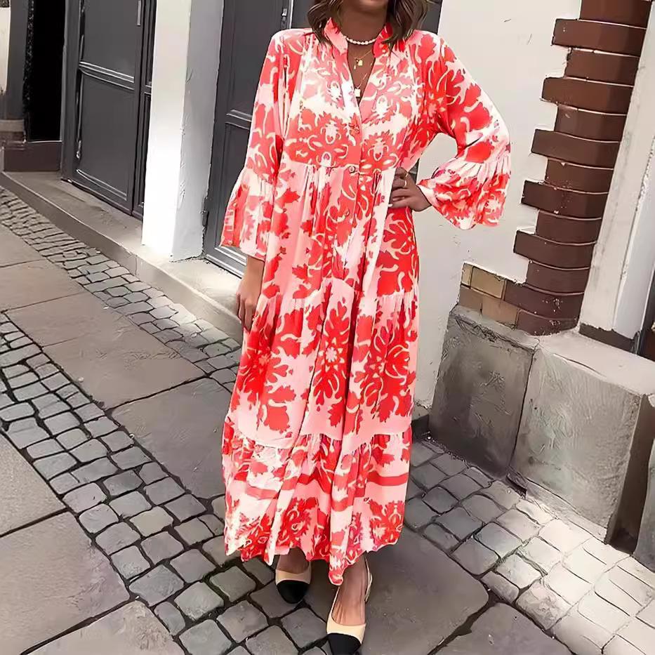 Women's Stand Collar Three Quarter Sleeve Maxi Dress Loose Fit Mid Rise Elegant Casual Printed Tiered Long Dress Flare Sleeve Vacation Dress