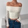 European and American Autumn New One-word Shoulder Knitted Lace Long Sleeves Slim and Thin Temperament