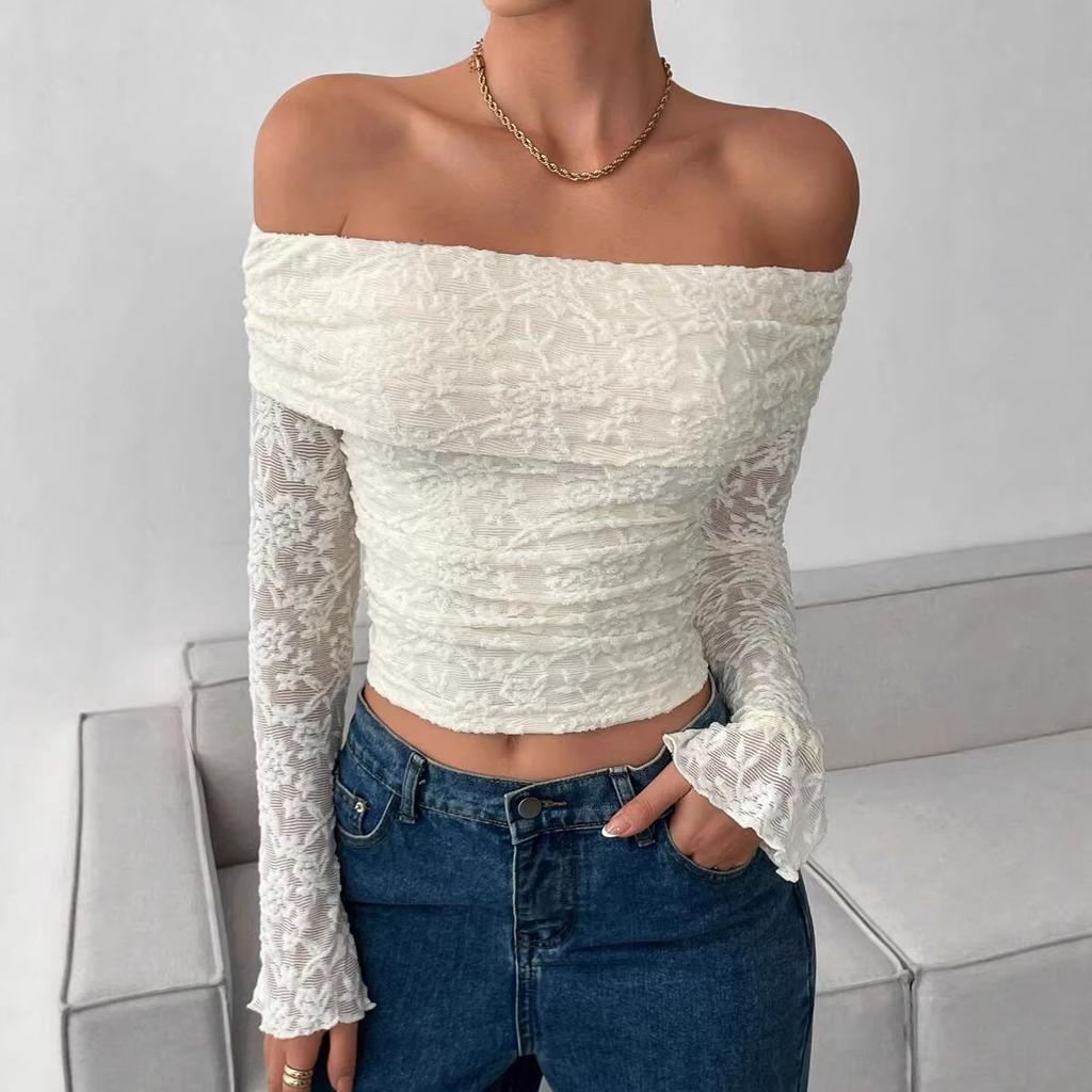 European and American Autumn New One-word Shoulder Knitted Lace Long Sleeves Slim and Thin Temperament