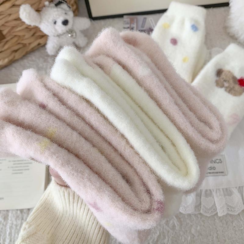 Pink Down-proof Socks - Children's Autumn-winter Warm-up Thickened Mid-calf Socks with Cute Cartoon Dog Design Floor Socks