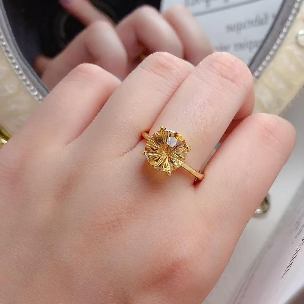 18K Gold Inlaid Amethyst & Citrine Ring, 925 Silver Electroplated, Rose Cut Faceted for Index Finger.