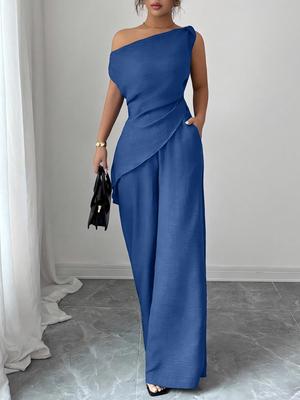 Elegant One-Shoulder Solid Color Women's Suit with Pocket Zipper Pants