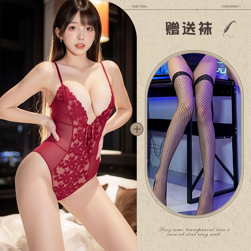 Sexy Lace Suspender Deep V Sex Underwear Lace-Up Perspective Hollow Mesh Onesie