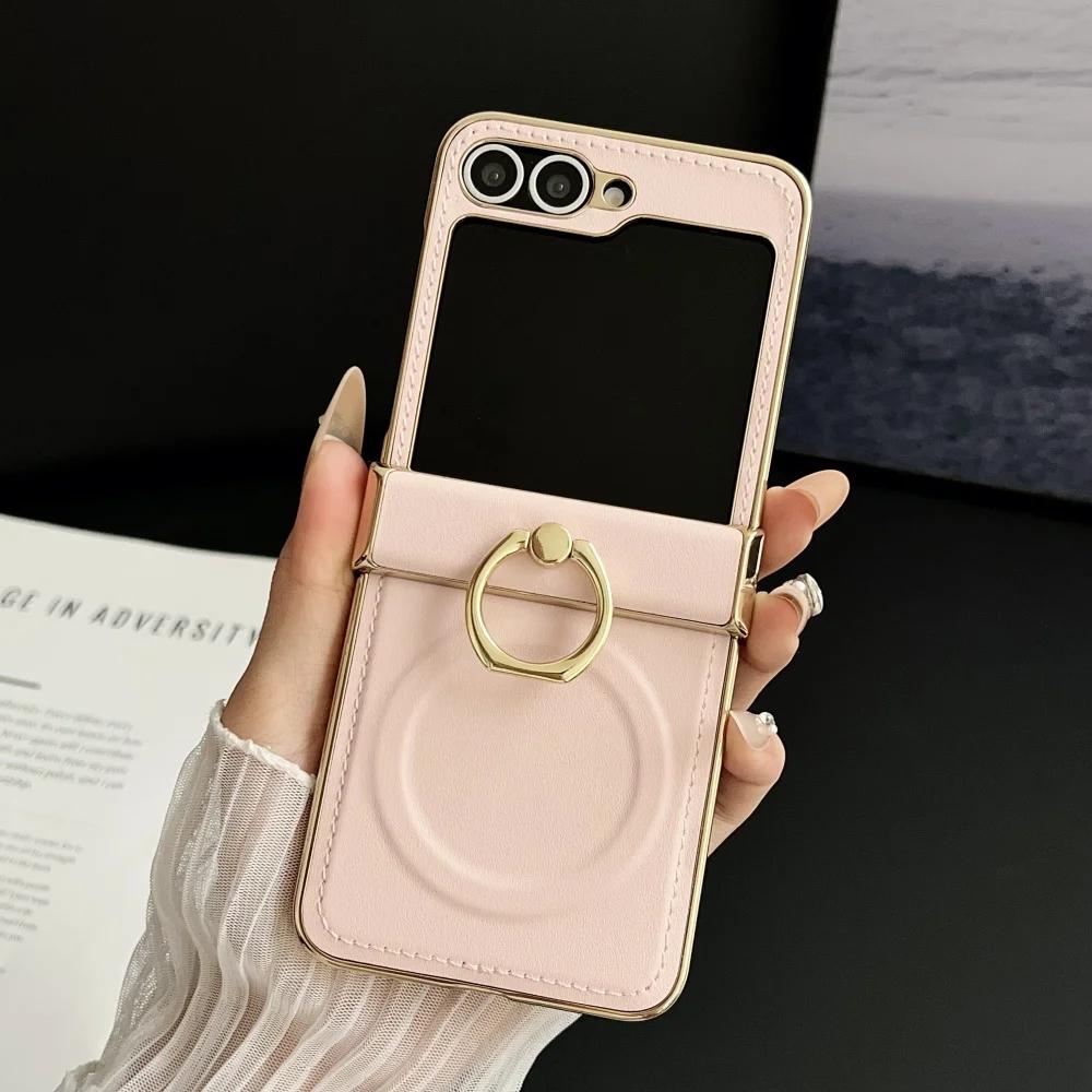 Custodia Magnetica con Supporto ad Anello in Pelle di Lusso per Galaxy Z Flip7 Flip 7 6 5 4 3 Copertura Protettiva per Cerniera con Supporto per Samsung Zflip7FE