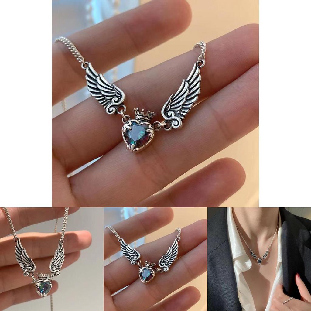 Vintage Inspired Heart Crown Wings Necklace With Crystal Accents For Womens Fashion