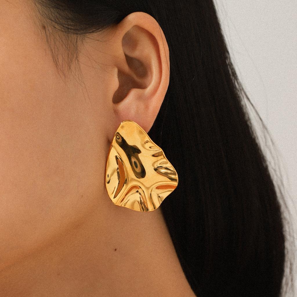 18k Gold Hammered Texture Earrings for Women, Irregular Studs, Premium Light Luxury Ear Jewelry, Versatile