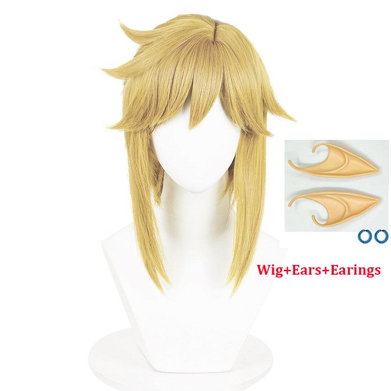 Link Cosplay Blonde Brown Wig Tears of the Kingdom Heat Resistant Synthetic Wigs for Halloween Party with Elf Ears Earrings