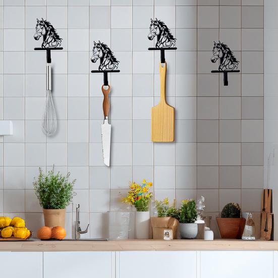 Black Horse Wall Hook Key Hanger with Horse Silhouette Wall Mounted Iron Hook Entryway Organizer for Keys Bags Hats Coats
