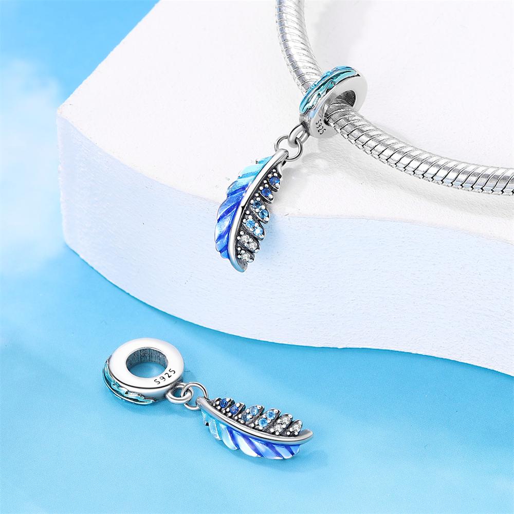 Original Charms Copper Blue Feather Pendant Beads Fit Bracelet Women Jewelry Making Diy Gift