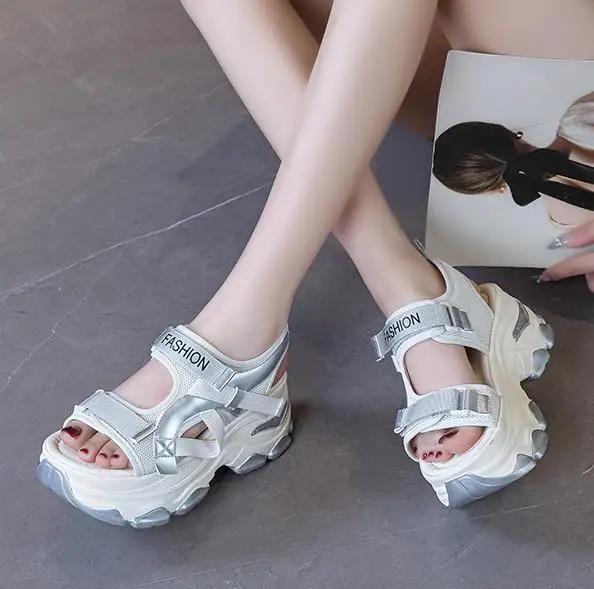 Fashion 7CM Air Mesh Synthetic Leather Sandals Breathable Women Summer Hollow Slipper Fashion Summer Sandals Platform Wedge Flats Shoes