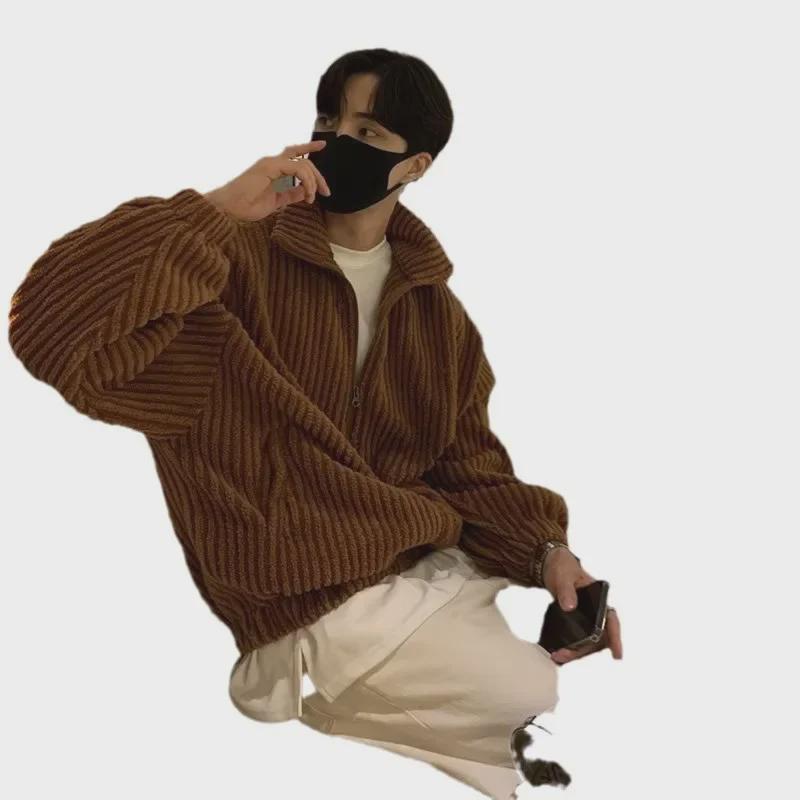 Men's Trendy Korean Style Brown Corduroy Jacket - Warm Casual Stand Collar for Autumn and Winter