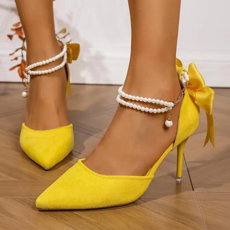 Luxury Pearl Bead Straps Pumps Women Sexy Pointed Toe Pumps Women Suede Big Bowknot Thin High Heels Shoes Woman 2025 Summer