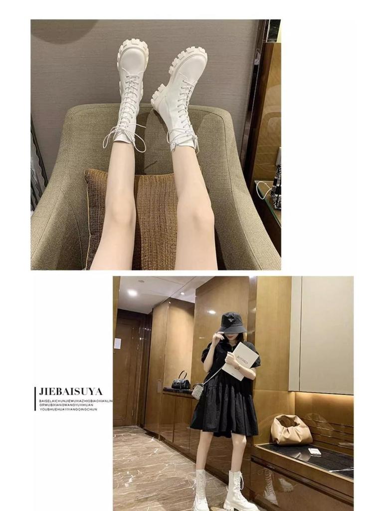 Petite Women's White High-Top Martin Boots, Thick-Soled British Style Mid-Calf Shoes for Spring and Autumn 2025.