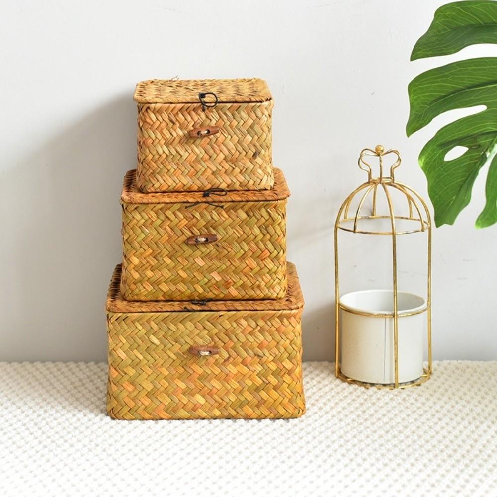Eco-Friendly Sea Grass Wicker Shelf Baskets Weaving with Lid Storage Box Woven Basket Handwoven Seagrass Basket Home Organizer