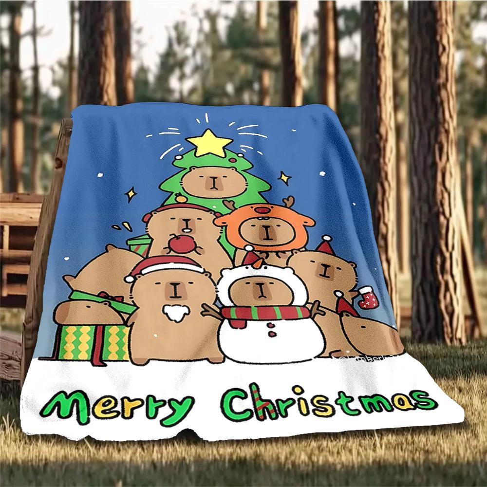 1pc Christmas Capybara Throw Blanket Polyester Fiber, Lightweight Flannel, Soft & Warm, All Season Use for Outdoor, Camping Digital Print