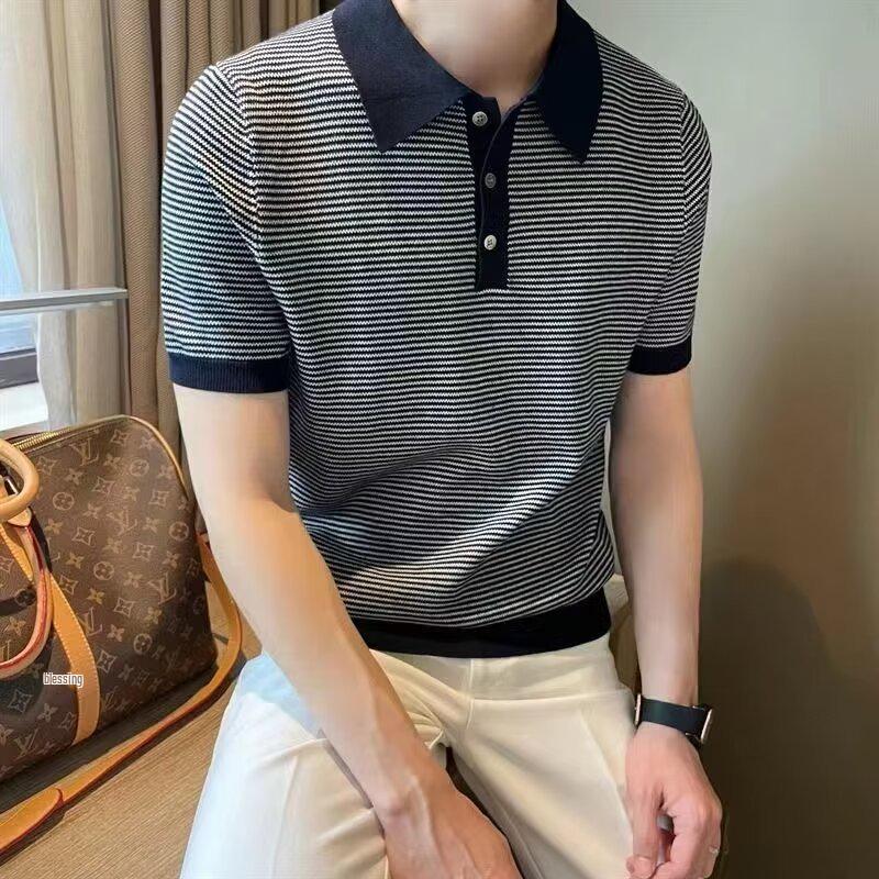 Men's European Style Ice Silk Striped Polo Shirt