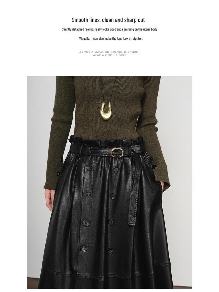Women's Elegant Lambskin High Waist Pleated A-line Skirt, Mid-length Korean Style