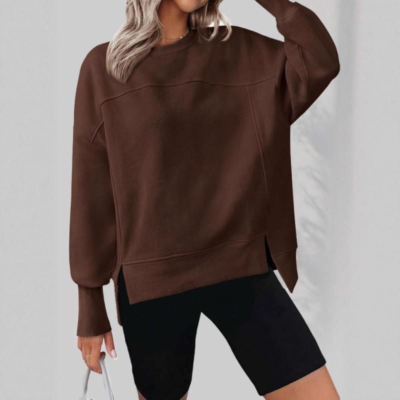 Women's European Style Autumn Winter New Style Crew Neck Long Sleeve Split Solid Color Minimalist Casual Loose Versatile Hoodie